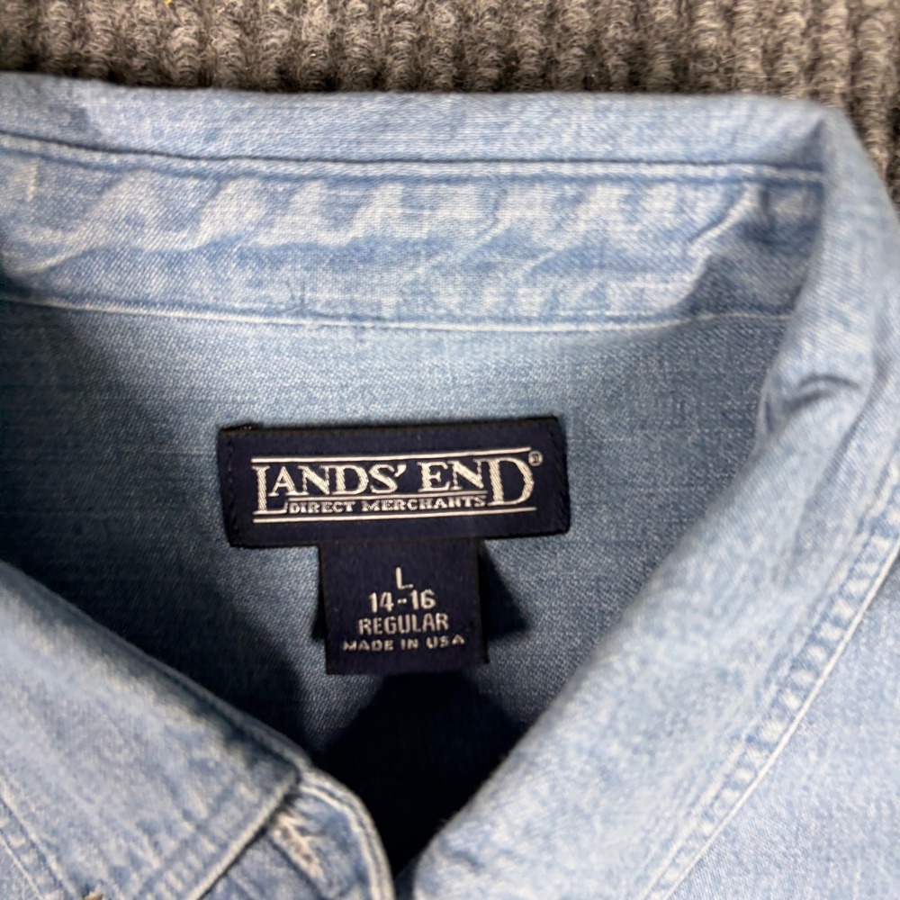 Vintage Lands End Shirt Mens L Blue Denim Button Down Long Sleeve Made in USA - Picture 3 of 6